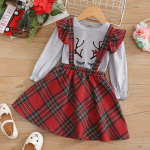 Graphic Top and Plaid Overall Skirt Set