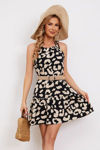 Leopard Print Ruffle Hem Sleeveless Dress