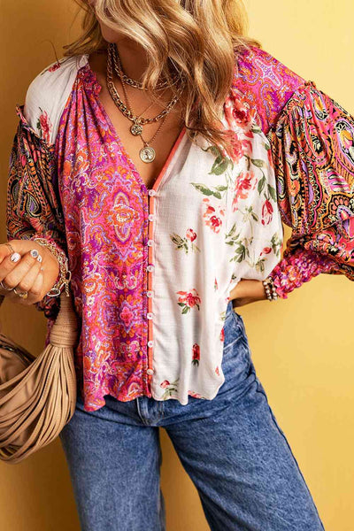 Notched Neck Lantern Sleeve Blouse