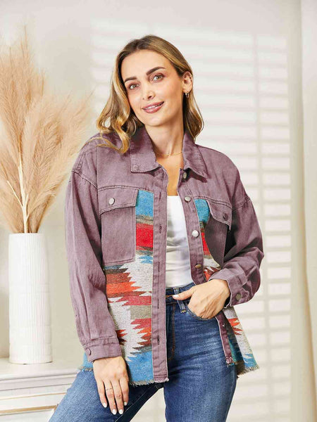 Dropped Shoulder Long Sleeve Printed Denim Jacket