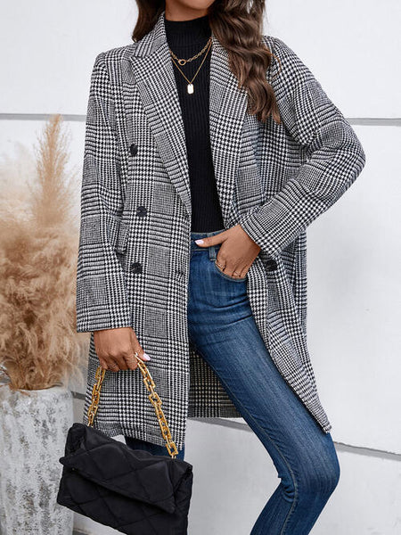 Houndstooth Laper Collar Buttoned Coat