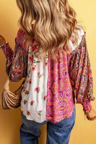 Notched Neck Lantern Sleeve Blouse