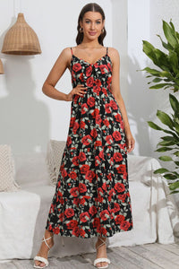 Rose Print Spaghetti Strap Sweetheart Neck Dress