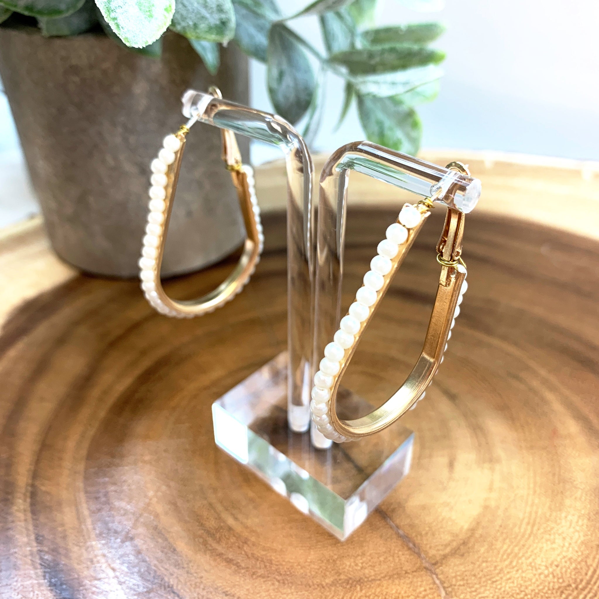 Oblong Hoop Pearl Earrings