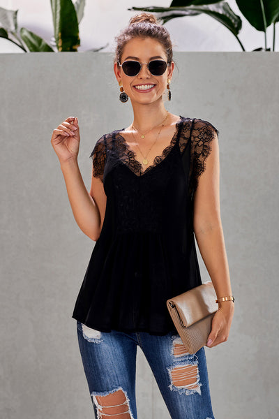 Eyelash Trim Spliced Lace V-Neck Tank