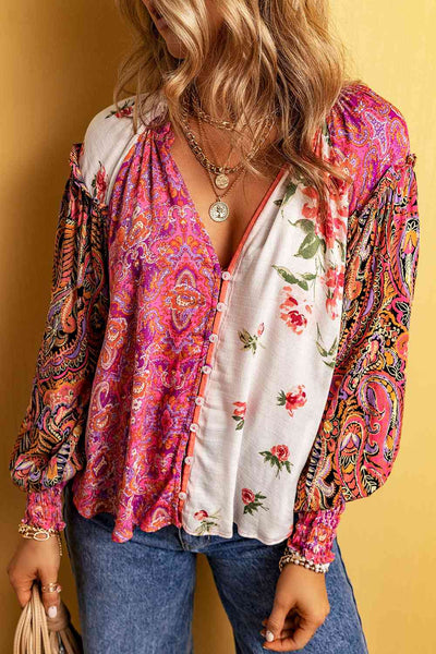 Notched Neck Lantern Sleeve Blouse