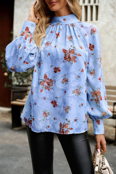 Floral Print Mock Neck Lantern Sleeve Blouse