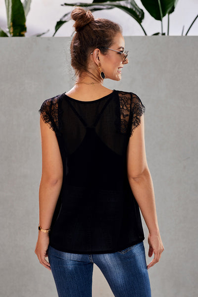 Eyelash Trim Spliced Lace V-Neck Tank