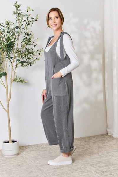 Celeste Full Size Ribbed Tie Shoulder Sleeveless Ankle Overalls