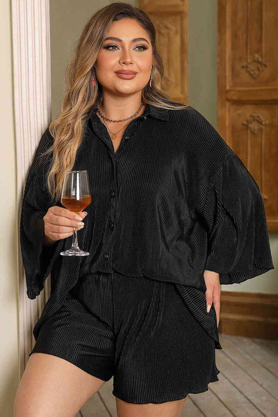 Plus Size Collared Neck Button Up Top and Shorts Set