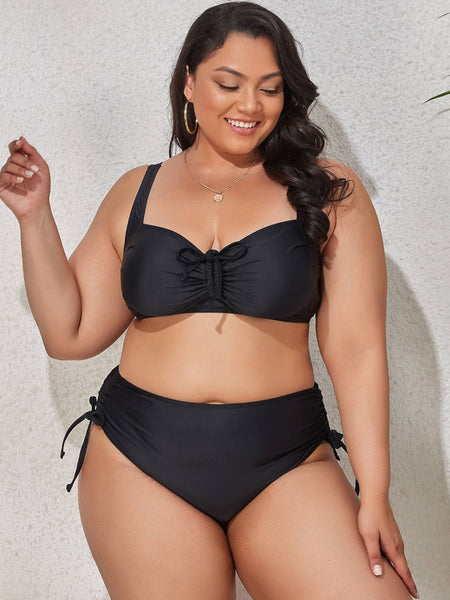 Plus Size Printed Drawstring Detail Bikini Set